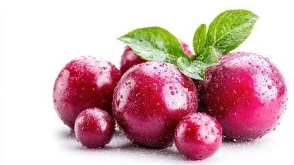 Obraz premium Fresh red plums with water droplets and green leaves isolated on a white background.