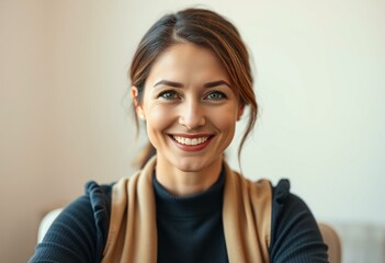 Female teacher portrait with warm smile and soft background