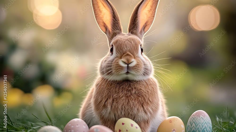 Poster cute rabbit sitting among pastel easter eggs in a softly lit garden setting with enchanting bokeh : 