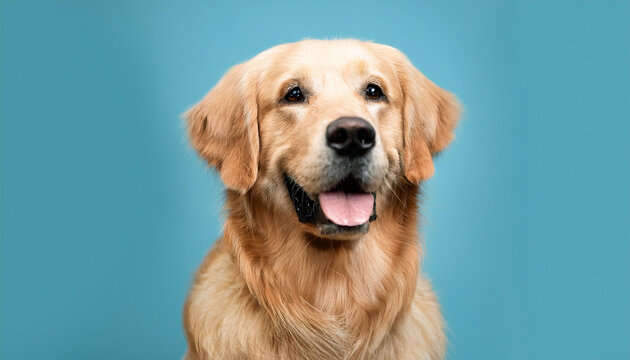 portrait of a happy golden retriever domestic dog on a mild blue background n a portrait of a 1 252