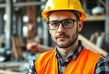 Photorealistic portrait of a male constructor worker on a construction site