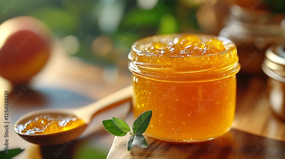 Poster glowing jar of honey with garnish of fresh leaves capturing the essence of sweet indulgence : genera