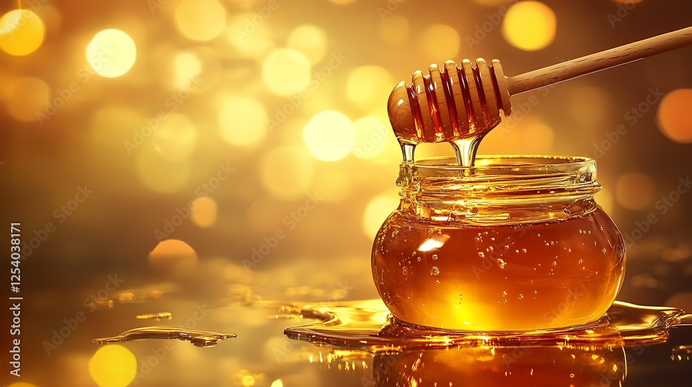 Poster honey jar with wooden dipper surrounded by radiant golden bokeh lights in a beautiful setting : gene