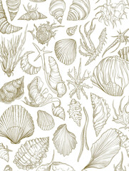 Seashells sea life pattern, monochrome simple line seamless drawing, white background 