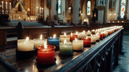 A row of colorful candles burns softly in a church, casting a warm glow that evokes feelings of hope and faith during sacred observances like Easter