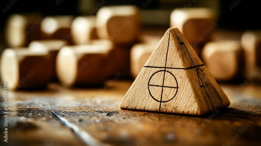 Leinwandbilder crafted wooden triangle with marks on a rustic wooden surface surrounded by blocks : generative ai