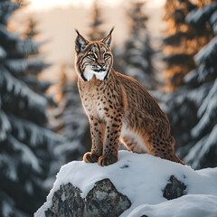 Obraz premium Majestic Lynx Observing from a Snowy Forest Outcrop at Sunset