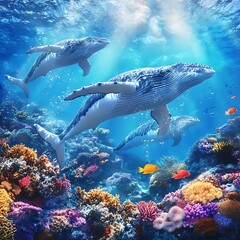 Obraz premium Towering humpback whale soaring over clear waters filled with radiant coral reef beauty