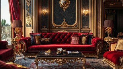 Fototapeta premium Opulent Red Velvet Sofa in a Luxurious Gold and Dark Wood Interior