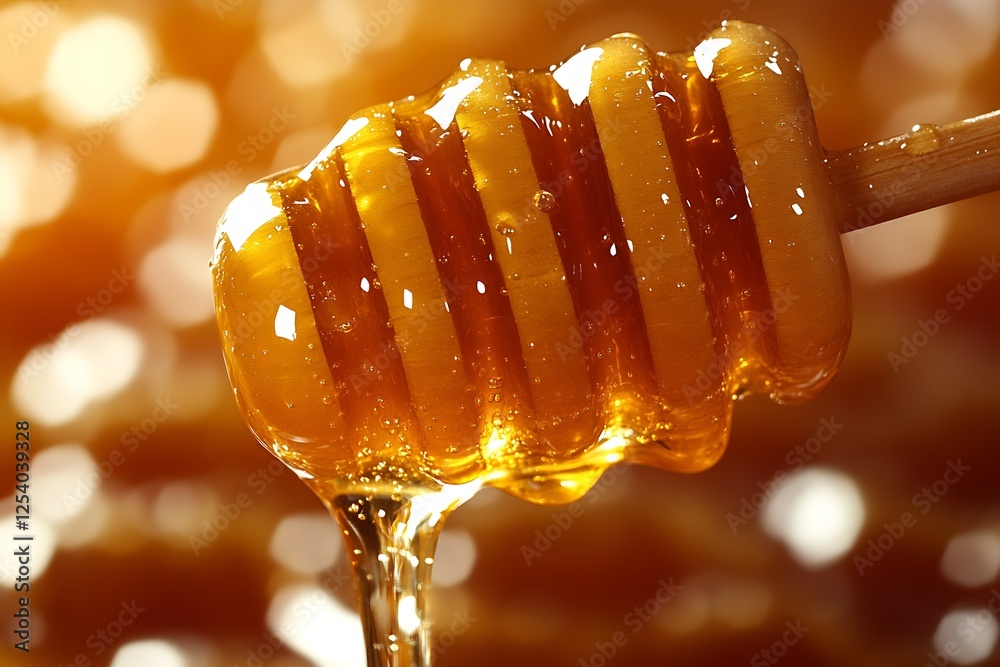 Poster golden honey dripping from honey dipper with a warm soft focus background of honeycomb : generative 