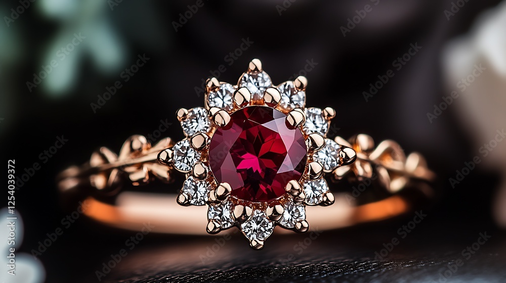 Poster beautiful ruby ring adorned with diamonds in a charming floral motif : generative ai