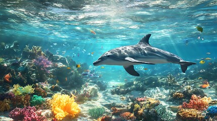 Fototapeta premium Humpback whale soaring over coral reef paradise filled with exotic ocean creatures