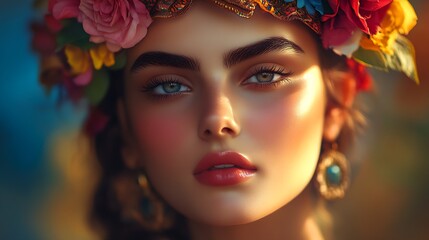 Obraz premium Enchanting close-up of a woman with floral crown highlighting delicate facial features and vibrant makeup : Generative AI