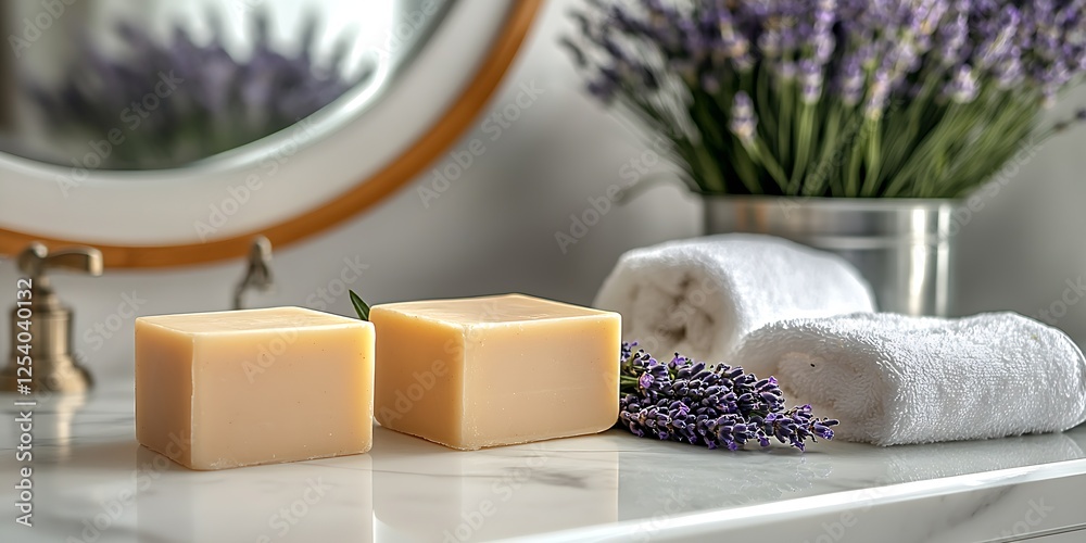 Poster beautifully arranged lavender soaps and towels in a stylish bathroom for a calming experience : gene