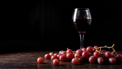 Elegant glass of red wine with scattered grapes on wooden table, indulgence