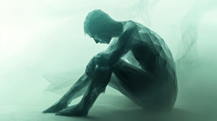 Polygonal man suffering from depression in a smoky atmosphere