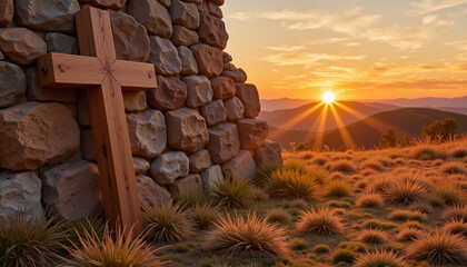 Wooden cross at sunset against stone wall, Maundy Thursday symbolism