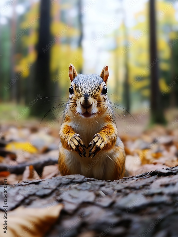 Poster Wild squirrel standing on logs in a misty autumn forest creating a captivating and serene atmosphere : Generative AI