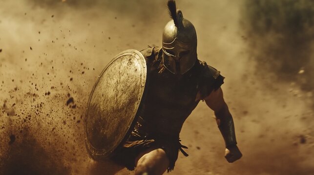 A Spartan Warrior Charging into Battle: Dust and Glory on the Ancient Battlefield - Powered by Adobe