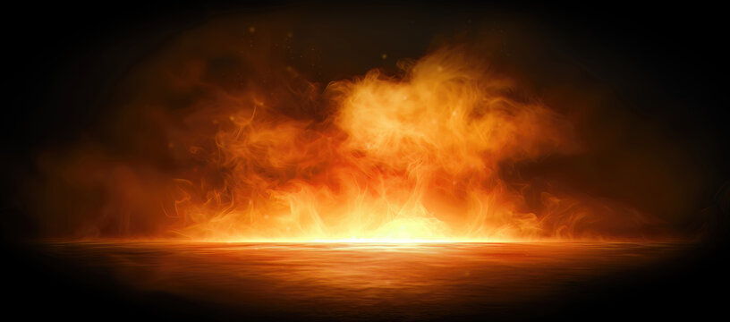 Dramatic dark bold orange gold smoke swirling fire flame background, hot heatwave drought dry particles glow on reflective ground. Cinematic studio product photography backdrop