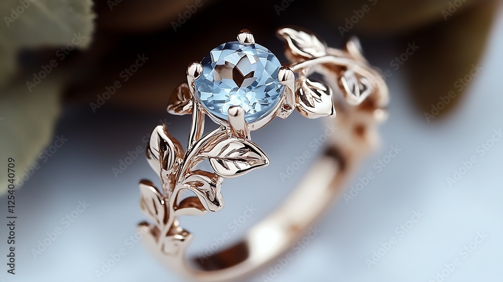 Poster elegant rose gold ring with a sparkling blue gemstone and intricate leaf design : generative ai