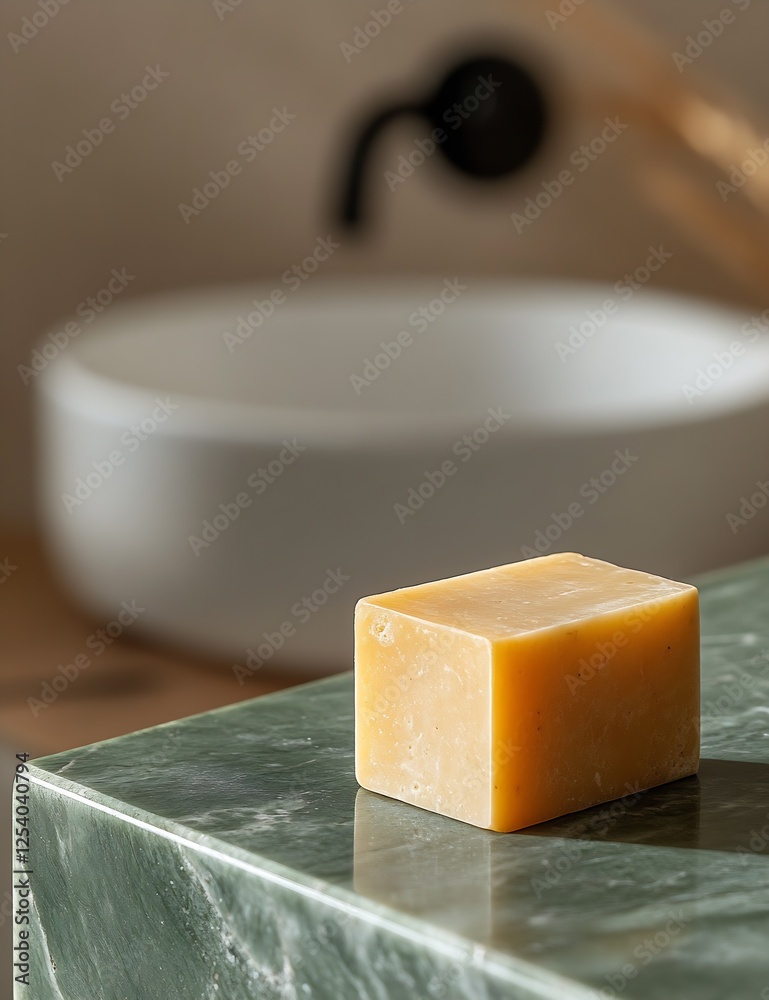 Poster minimalist view of a natural soap bar placed on a glossy marble countertop in a modern bathroom : ge