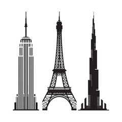 Iconic Building Icons - Skyscrapers, Towers, and Landmark Structures in Black and White