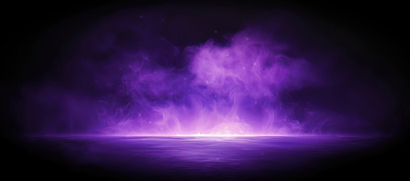Dramatic dark bold purple smoke misty swirling colorful background, glowing spotlight highlight and floating dust particles on reflective ground. Cinematic studio product photography backdrop  