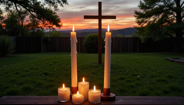 Glowing candles at dusk with cross in garden, Maundy Thursday reflection