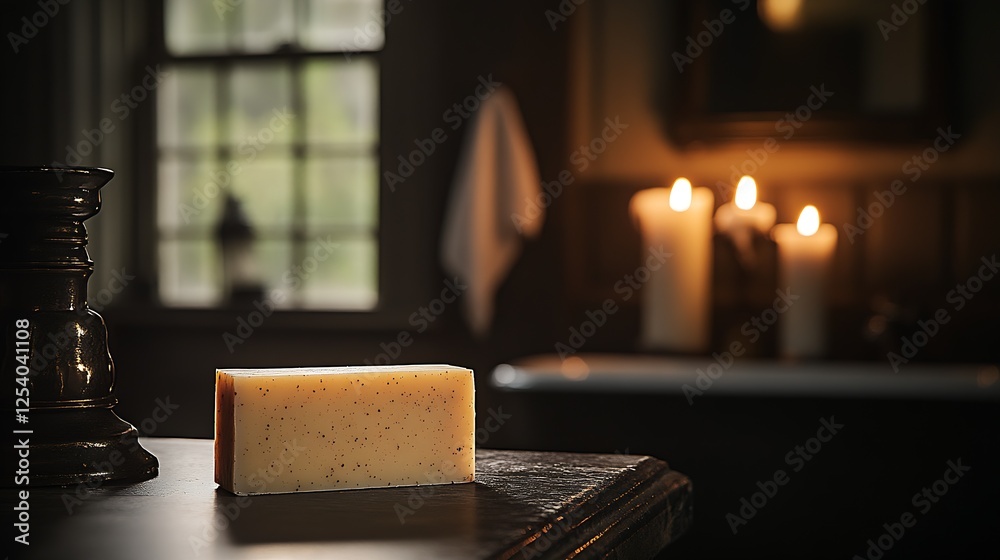 Poster Aromatic natural soap displayed with candles in a cozy, inviting bathroom setting : Generative AI