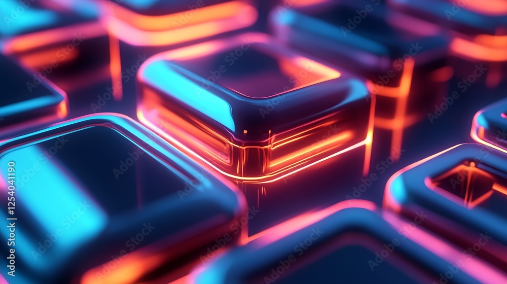 Poster stunning 3d neon squares arrangement with glowing effects on a dark background : generative ai