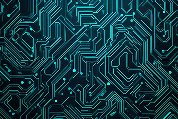 Abstract close-up of a glowing blue digital circuit board, showcasing intricate connections and technological design on a black background.
