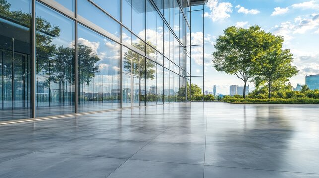 3d render of abstract futuristic glass architecture with empty concrete floor.
