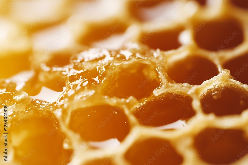 Poster magnified view of honeycomb filled with glistening honey droplets and intricate patterns : generativ