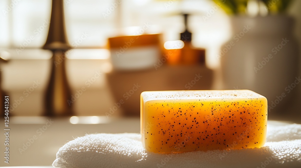 Poster aromatic handmade soap displayed in a stylish bathroom with bright sunlight reflecting : generative 