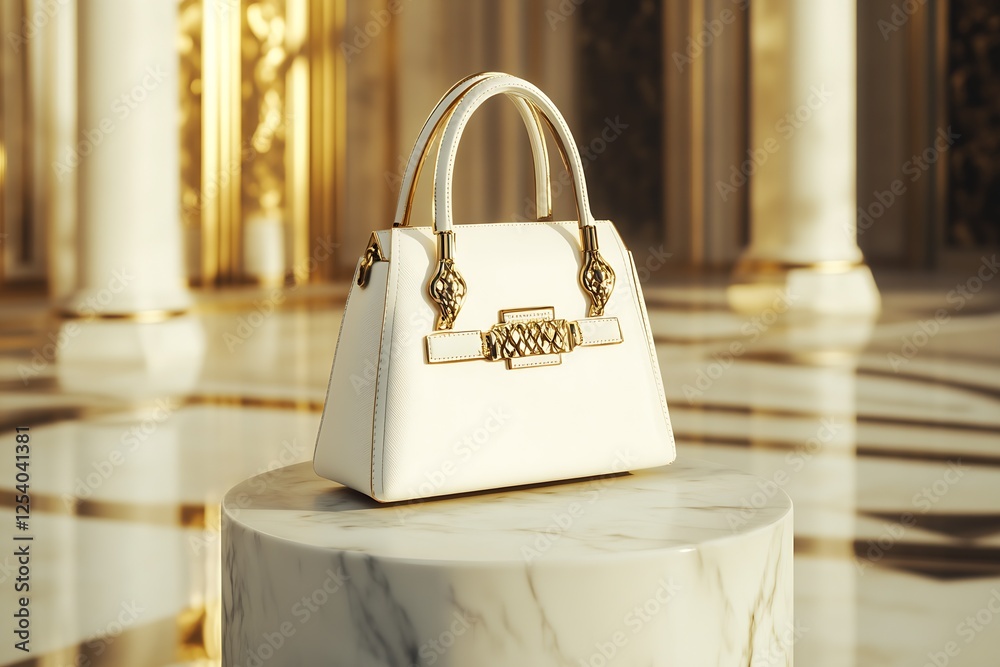 Poster unique white handbag with decorative elements displayed elegantly on a marble table in a glamorous a