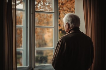 An elderly man gazes out a window, lost in thoughts as autumn leaves frame the scene, evoking nostalgia and contemplation.