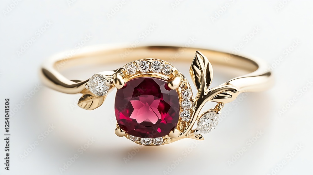 Poster beautiful gold ring showcasing a rich ruby in a floral design with diamonds and leaves : generative 