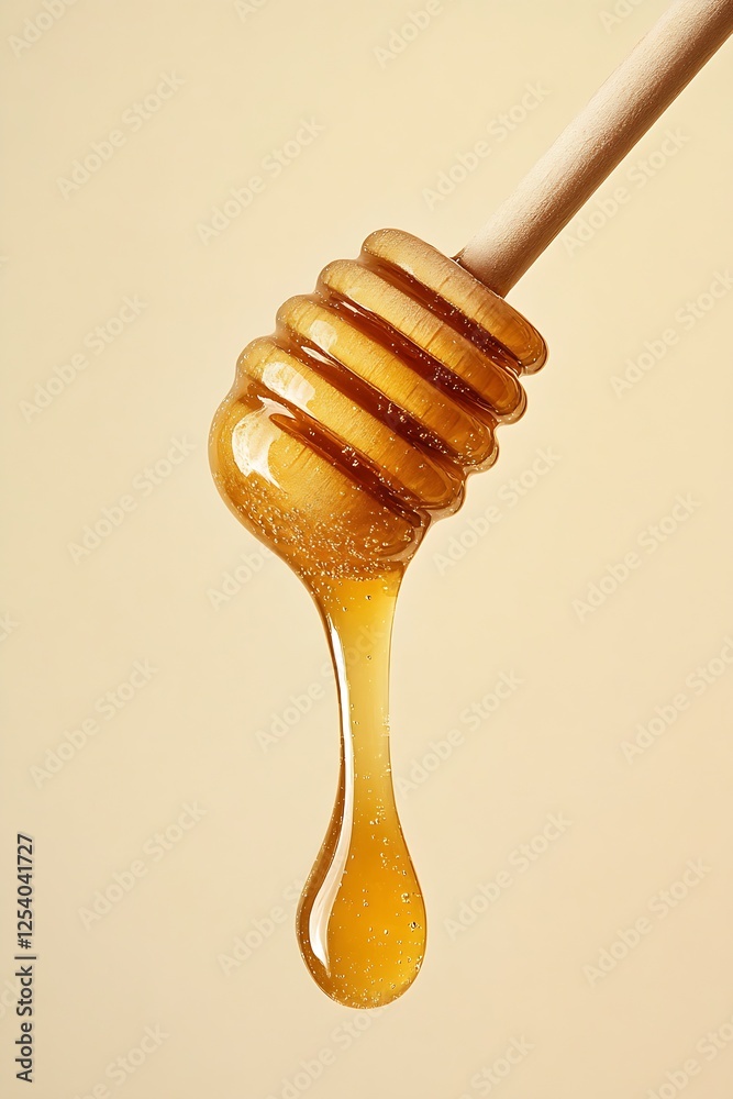 Poster golden honey dripping from a vintage wooden dipper against a soft light background : generative ai