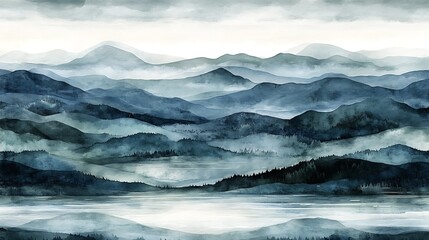 Misty blue mountains, serene lake, forest, calm; home decor