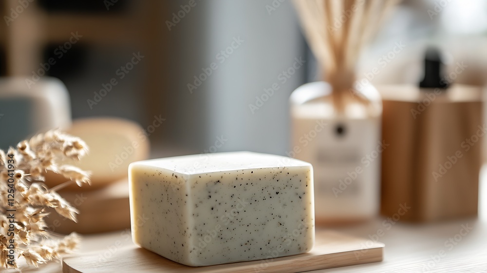 Poster Natural handmade soap with exfoliating particles on a wooden surface surrounded by decorative elements : Generative AI