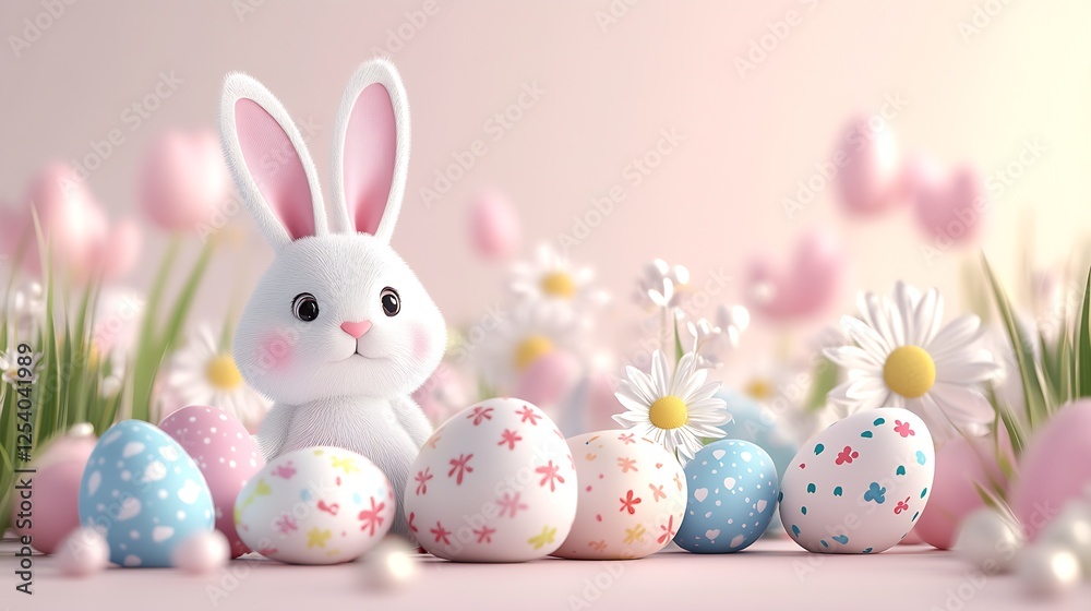 Poster adorable easter bunny surrounded by playful eggs and daisy flowers on a soft pink background : gener