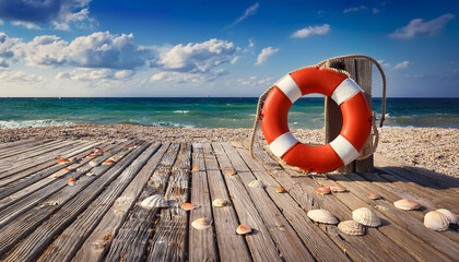 Naklejka premium a vintage lifestyles preserver rests on a weathered wooden deck on the beach observed with the aid of seashells evoking a nautical surroundings underneath sunny skies