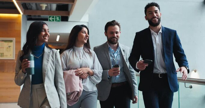 Teamwork, walking and travel with business people at conference for networking, support and diversity. Seminar, convention center and tradeshow with group of employees in hotel lobby for solidarity