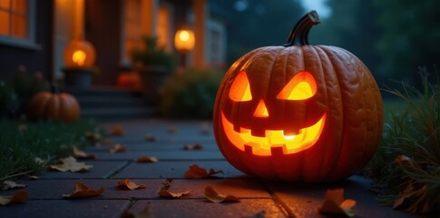 Intricately carved pumpkin, glowing warmly on a porch, Halloween night , porch, jackolantern, glow