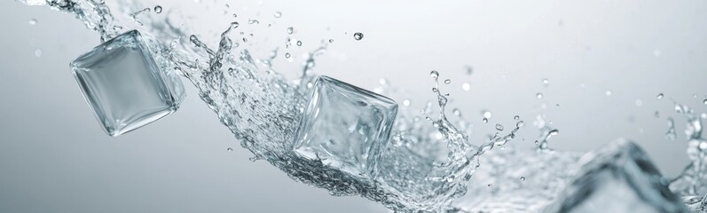 Ice cubes splashing in water, studio shot, gray background, purity
