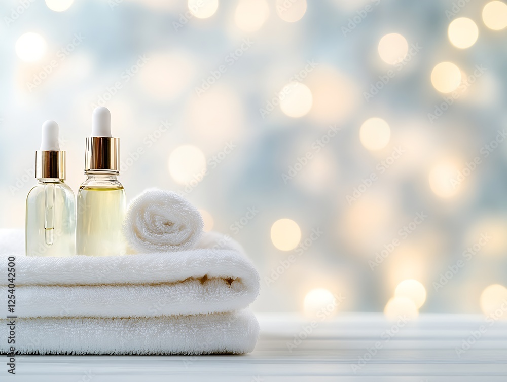 Poster chic essential oil bottles and soft rolled towels set on a white wooden surface with a dreamy backgr