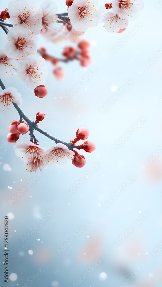 Aufkleber Delicate Cherry Blossom Branch Glowing in Soft Snowfall with a Hazy Background : Generative AI