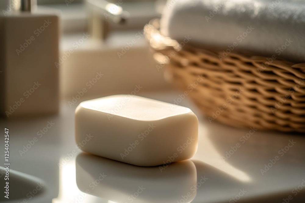 Poster minimalist white soap bar on a bathroom counter invoking cleanliness and serenity : generative ai
