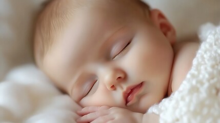 Charming infant peacefully asleep on soft fabric with a lovely dreamy expression highlighting innocence and tranquility : Generative AI